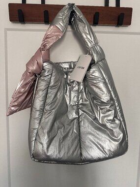 Metallic Silver Puffer Tote | Lightweight Gym Travel Bag | NWT